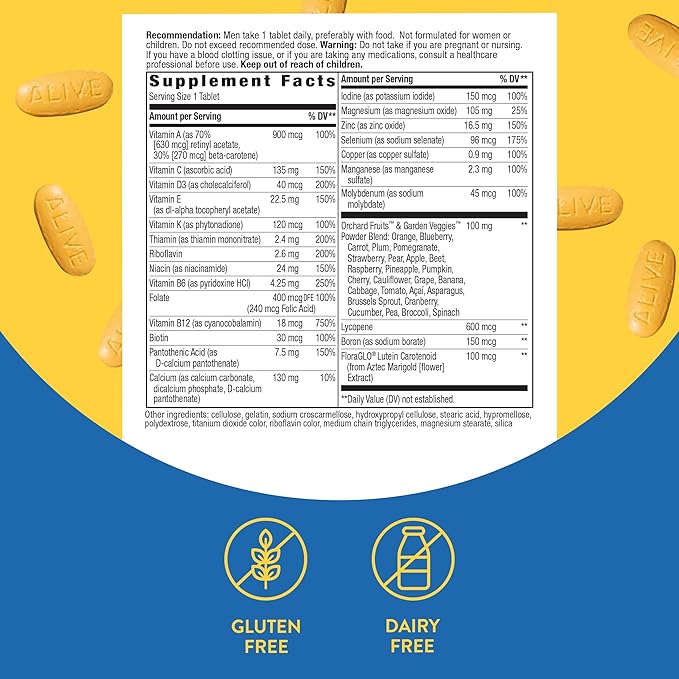 Nature's Way Alive! Men's Complete Daily Multivitamin Supports Energy Metabolism &amp Muscle Function* with B-Vitamins Gluten Free 130 Tablets (Packaging May Vary)