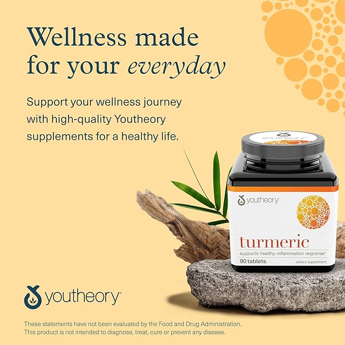 Youtheory Turmeric - 450 mg - with Black Pepper &amp Olive Leaf - Supports Joint &amp Brain Health* - Contains Bioenhancers Curcuminoids &amp Herbal Extracts - 90 Tablets (30 Day Supply)