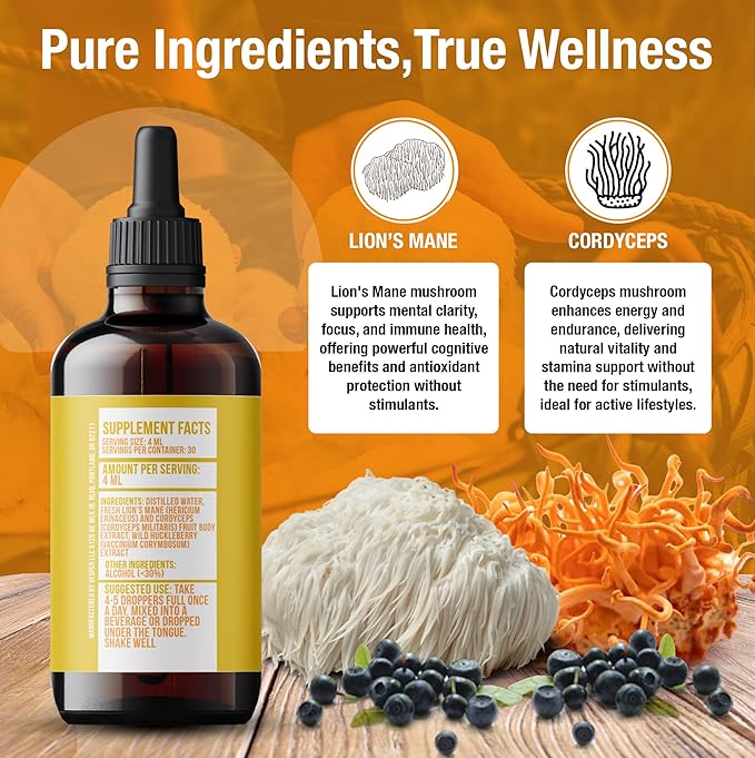 Vesper Gold Metal Mushroom Liquid Extract - Cordyceps &amp Lion’s Mane Blend with Wild Huckleberries for Neurogenesis Performance and Energy USA-Grown for Focus &amp Endurance – 4oz