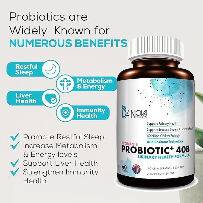 Dainova Probiotics for Women Vaginal Health Urinary Tract Health Yeast Infection &amp UTI I 40 Bil CFU Active Prebiotics and Probiotics for Women I Shelf-Stable I Acid-Resistant I 60 Caps