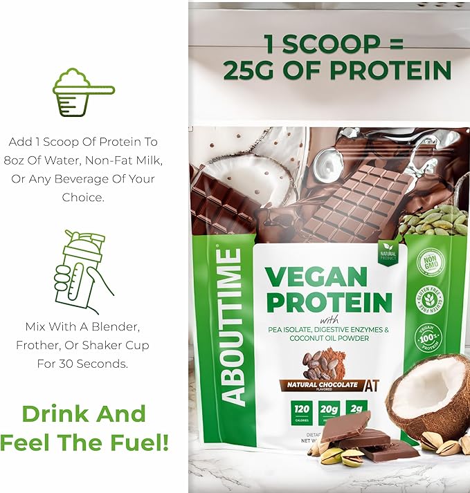 About Time Vegan Protein Powder 20g Chocolate Natural Ingredients Non-GMO Plant Based Gluten Free Soy Free Dairy Free 32 Servings