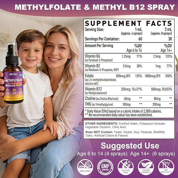 Liquid Methylfolate &amp B12 Spray Methylated Folate Drops for Kids &amp Adults with Choline TMG &amp Vitamins MTHFR Support Brain Health Immunity 2 Fl Oz