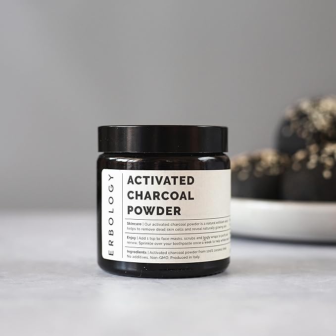 Erbology Activated Charcoal Powder 1.8 oz - Teeth Whitening - Add to Face Masks Toothpaste and Body Wraps for Natural Exfoliation - Natural Digestive Aid - Vegan - Recyclable Glass Jar
