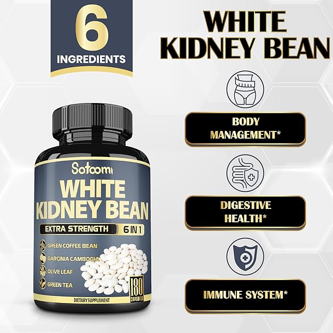 Satoomi 6in1 White Kidney Bean Extract Capsules - 6 Month Supply - Extra Blend with Olive Leaf Green Coffee Bean &amp Green Tea - 180 Counts