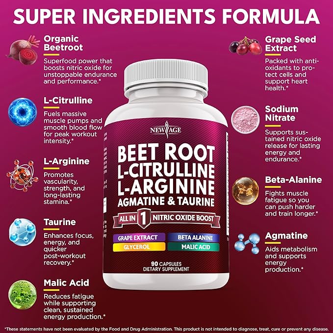 NEW AGE Beet Root Capsules - L Arginine L Citrulline Nitric Oxide Beetroot Powder Arginine Citrulline Supplement – 270 Vegan Capsules