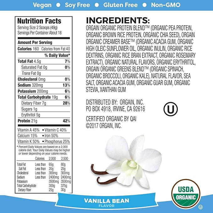 Orgain Organic Vegan Protein Powder + Greens Vanilla Bean - 21g Plant Based Protein Gluten Free Dairy Free Lactose Free Soy Free No Sugar Added With Iron &amp Prebiotics for Gut Health - 1.94l