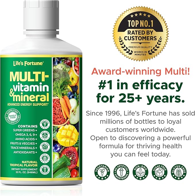 Life's Fortune Liquid Multivitamin for Adults Men &amp Women Teens – High Absorption Daily Vitamins – Trace Minerals Amino Acids with Biotin L-Arginine Potassium – Tropical Flavor Sugar Free 32