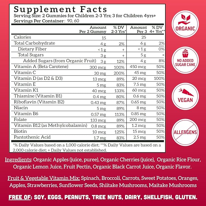 Llama Naturals Kids Multivitamin Gummies | Real Fruit No Added Sugar Cane | Organic Vegan Toddler Whole Food Vitamins | Vitamin D C &amp Beta Carotene Gummy Supplement | Cherry 180 Ct (2-3 Months)