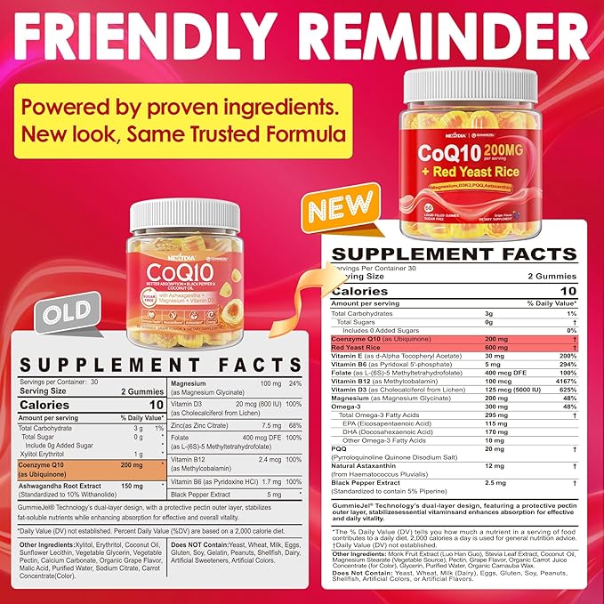 Red Yeast Rice Gummies 600mg &amp CoQ10 200mg for Adult 12-in-1 High Absorption Coenzyme Q10 Supplement Plus Omega 3 PQQ Astaxanthin Methyl B12 Support Brain Energy Immunity Antioxidant 60Ct