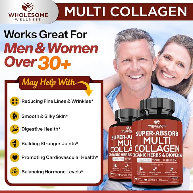 Wholesome Wellness Super-Absorb Multi Collagen Pills (Type I II III V X) Organic Herbs and Bioperine + Dr. Formulated Raw Probiotics for Women 100 Billion CFUs with Prebiotics Bundle