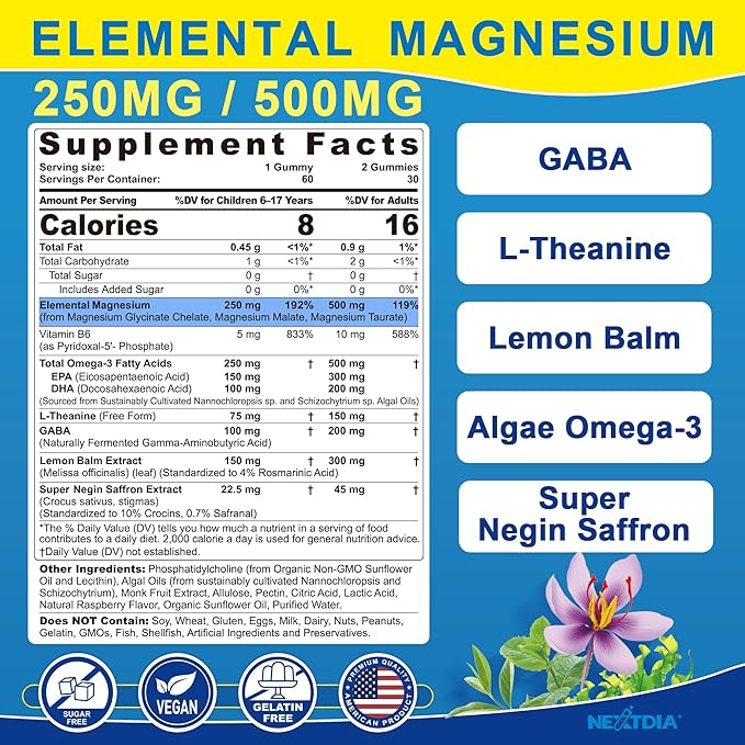 Magnesium Glycinate Gummies + Omega-3 Saffron for Kids 6+ &amp Adults Kids Focus Calm Magnesium Gummies Sugar Free Triple Magnesium Complex 500mg/250mgGlycinate Malate Taurate Theanine1P