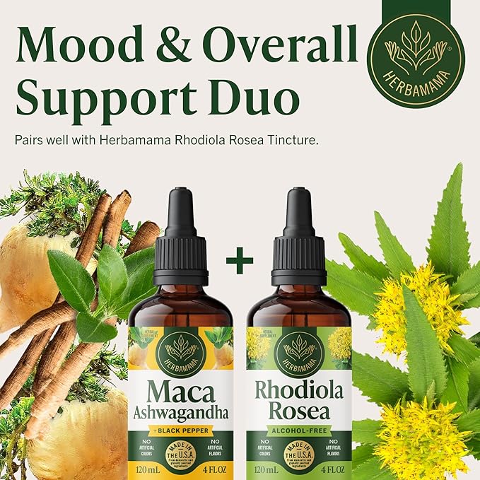 HERBAMAMA Maca Ashwagandha Drops - Vegan Mood Support &amp Overall Well-Being with Ashwagandha and Maca Root Extract Tincture - Non-GMO Alcohol &amp Sugar-Free Women &amp Men Support Supplement 5