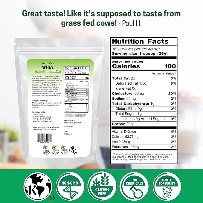 Z Natural Foods Grass-Fed Whey Protein Concentrate - Clean Whey Protein Powder from New Zealand - Cold Processed Pure Whey Protein with Essential Amino Acids for Nutrition &amp Fitness Unflavored 2