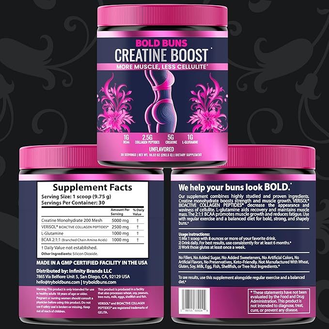 Creatine for Women – Booty Builder Supplement with Collagen &amp BCAA – Supports Muscle Development Post-Workout Recovery Skin Elasticity Healthy Hair &amp Nail | Unflavored – 30 Servings
