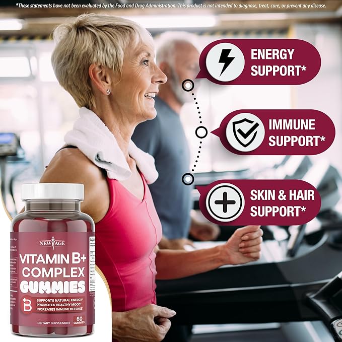 NEW AGE Vitamin B Complex Gummies with Vitamin B3 B5 B6 B7 B9 &amp B12 – with Biotin Folic Acid &amp Vitamin C – Gluten-Free Vegan Made in The USA! (60 Count (Pack of 1))