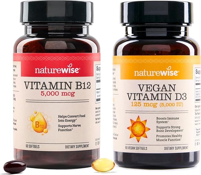 NatureWise [1 Vitamin B12 5000 mcg - Extra Strength - Non-GMO - 60 Softgels[60-Day Supply] + [1] Vegan Vitamin D3 5000iu + Organic Olive Oil - 60 Mini Softgels[60-Day Supply]
