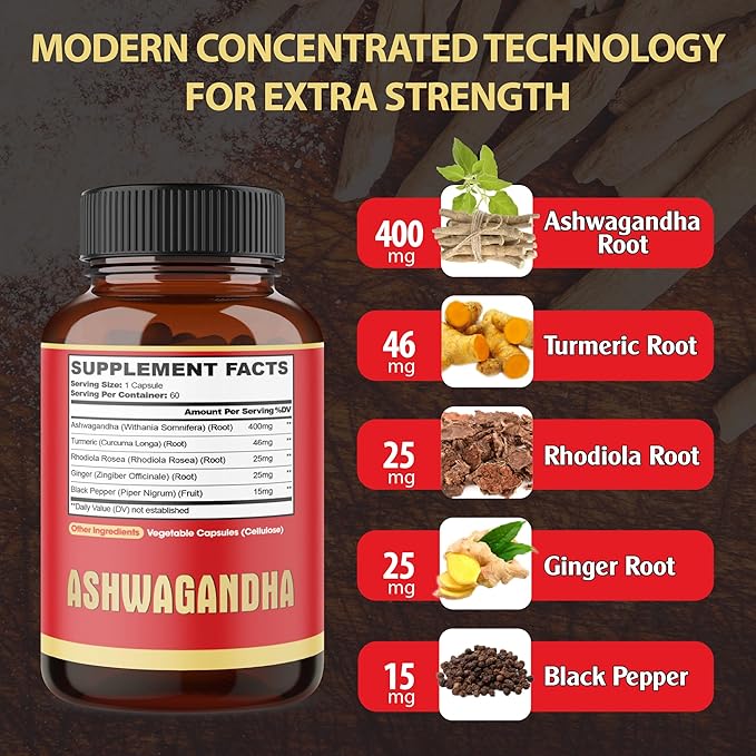 3 Packs 60 Capsules - Ashwagandha Supplement 5200mg - 5in1 with Ginger Turmeric Rhodiola Rosea &amp Black Pepper - Stamina &amp Body Health Support - 6-Month Supply