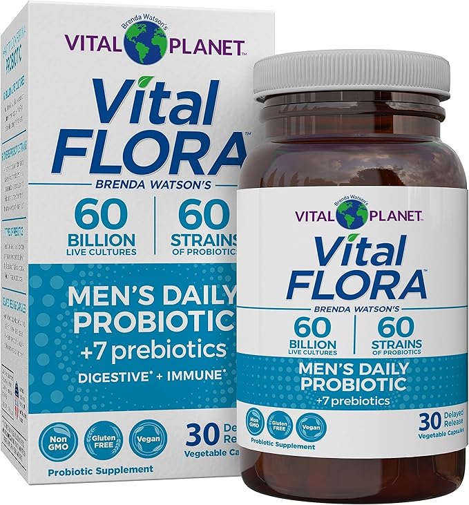 Vital Planet - Vital Flora Men’s Daily Probiotic 60 Billion CFU 60 Diverse Strains 7 Organic Prebiotics Immune Support Gas Relief Colon and Digestive Health Probiotics for Men 30 Capsules