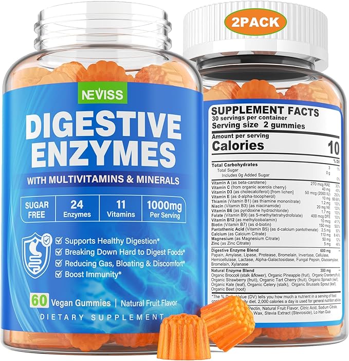 NEVISS Psyllium Husk Prebiotic Fiber Gummies - 7G Fiber with 2000mg Prebiotic Fiber Blend &amp Multivitamins - Inulin Fos Guar Gum &amp Multi Digestive Enzymes Vitamin Gummies Chewable