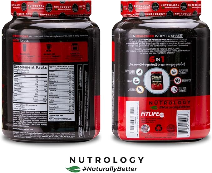 Nutrology TRIPACT Vegan Protein Powder - Organic Pea Rice &amp Pumpkin Blend Meal Replacement Shake with BCAAs &amp Glutamine for Muscle Recovery &amp Immunity Peanut Butter &amp Vanilla Flavor