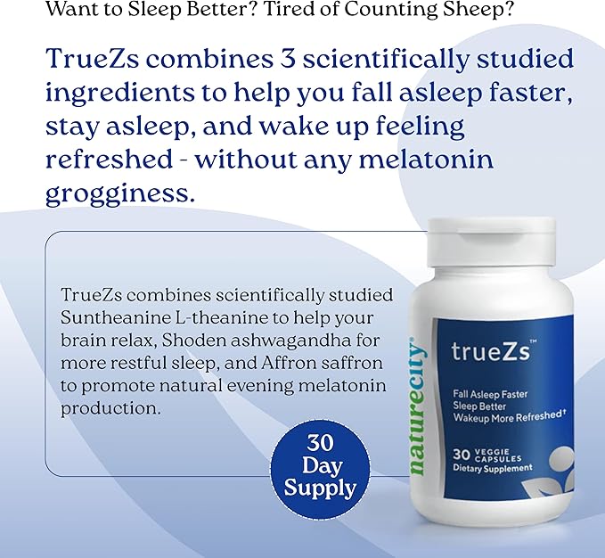 NatureCity TrueZs Melatonin-Free Natural Sleep Aids for Adults - Ashwagandha L-Theanine and Saffron Powder Sleep Pills to Support Falling and Staying Asleep (30 Veggie Capsules)
