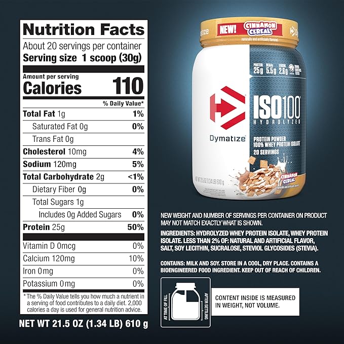 Dymatize ISO100 Whey Protein Powder Isolate Cinnamon Cereal 25g of Protein 5.5g BCAAs Less Than 120 Cal. Gluten Free 1g Fat 1g Sugar 2g Carb (20 Servings)