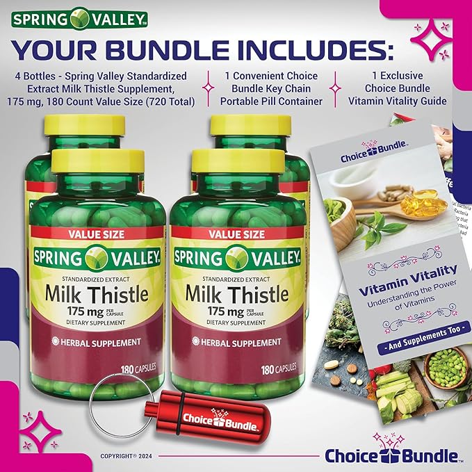 CHOICE BUNDLE Spring Valley Standardized Extract Milk Thistle Dietary Supplement Capsules 175 mg 180 Ct 4 pk (720 Total) + Vitamin Guide and Pill Container (6 Items)!