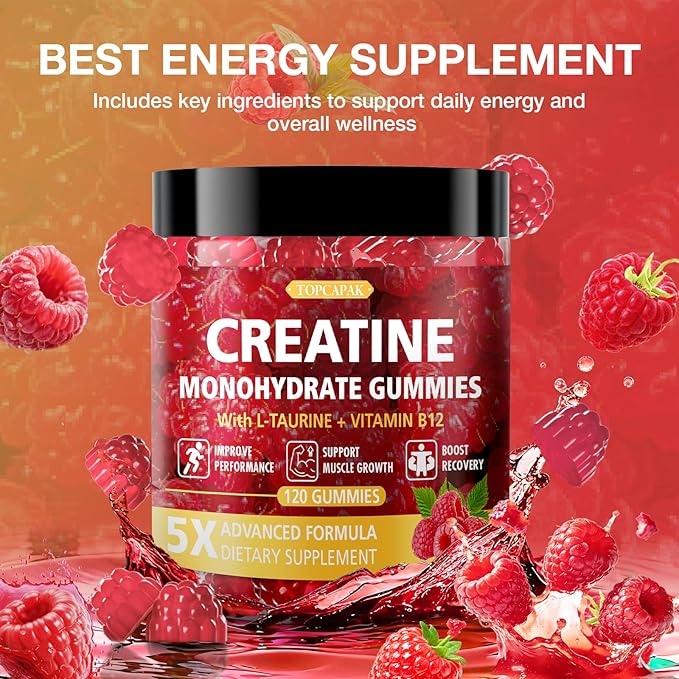 Creatine Gummies for Men &amp Women - Chewable Creatine Gummy with Taurine &amp Vitamin B12 5g Creatine Monohydrate per Serving 120 Gummies - Raspberry Flavor Raspberry-Shaped