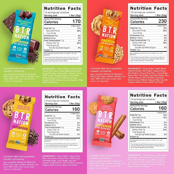 B.T.R. Nation Superfood Keto Protein Bar - Plant Based Vegan Protein | (12 Pack) Variety Pack | Low Carb Food Low Calorie Gluten Free No Sugar Alcohols Boosted with Superfoods