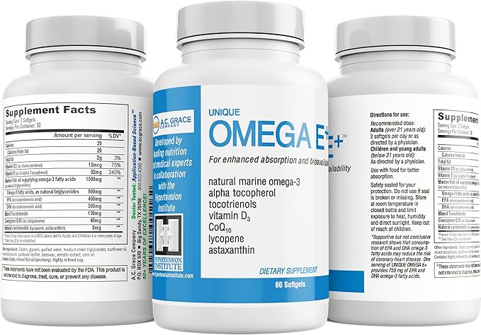 UNIQUE E A.C. Grace Company Omega E+ - Fish Oil Supplement - with Marine Omega-3 Fatty Acids Vitamin E Vitamin D3 and CoQ10 - Helps Support Heart Brain and Skin Health - 60 Softgels