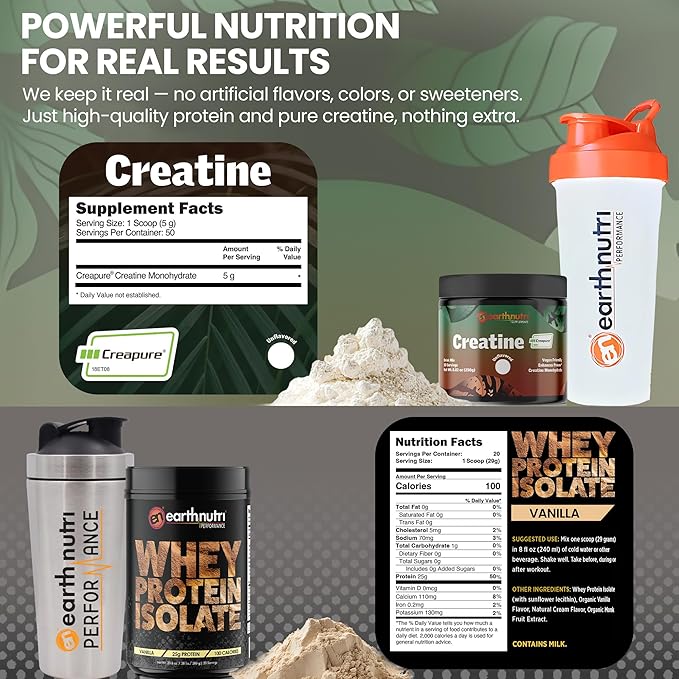 EarthNutri Whey Isolate Protein &amp Creatine Monohydrate Powder Bundle - Ideal for Men &amp Women Post Workout Regimen Endurance &amp Daily Fitness Routine - 25g Protein Vanilla Flavor &amp Un