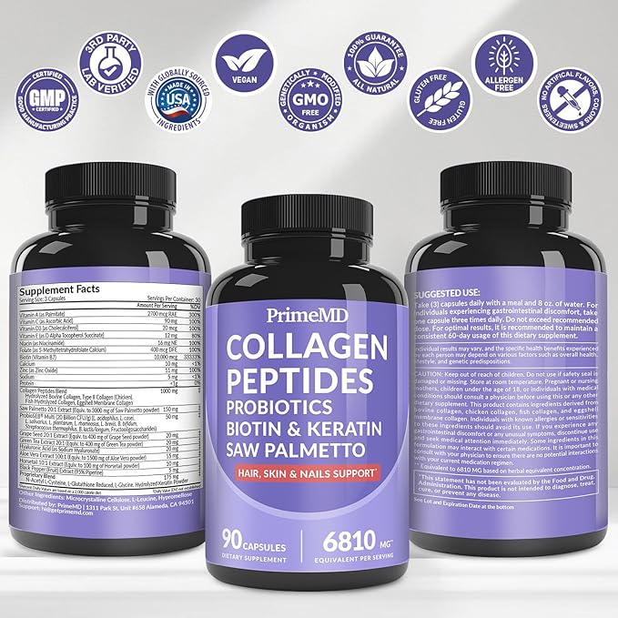 27-in-1 Hair Skin and Nails Vitamins (6810mg) with Biotin 10000mcg - Collagen Supplements for Men and Women - Keratin Supplements with Probiotics and Saw Palmetto 90ct (2-Pack)