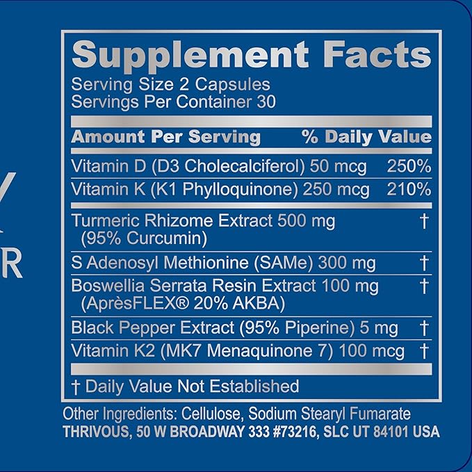 Thrivous Tenacity Arthroprotector – Joint &amp Bone Support Supplement with ApresFlex® Boswellia Same Turmeric Vitamin D3 &amp K2 – 60 Vegan Capsules
