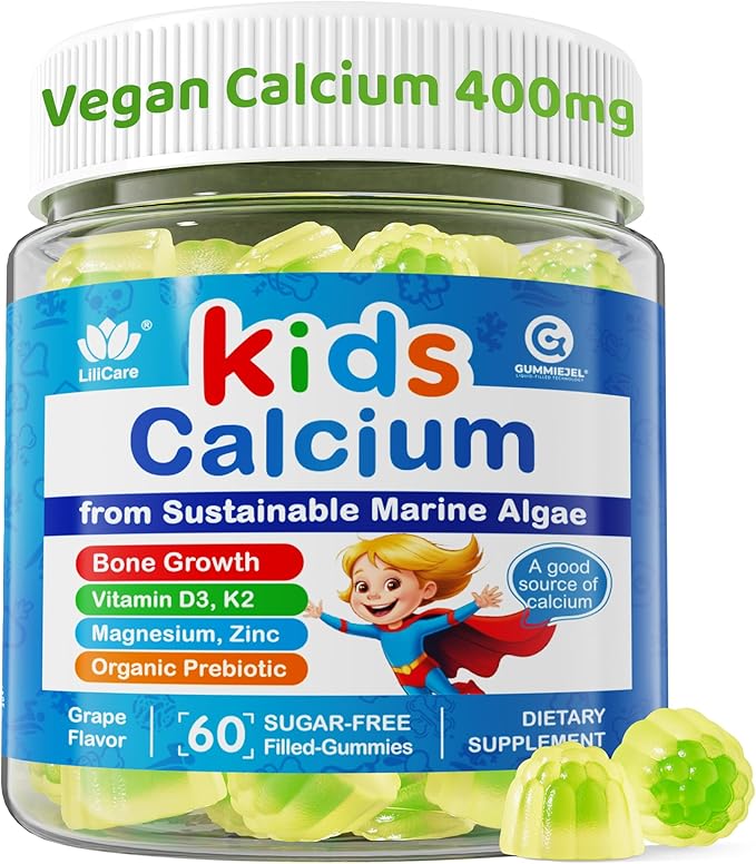 Kids Calcium Gummies + Vitamin D3 K2 Magnesium Zinc Extra Absorption Algae Calcium Supplement For Kids Gentle to Stomach Bone Teeth Muscle Brain Sugar Free Chewable Kids Vitamins 4+ 60 Counts