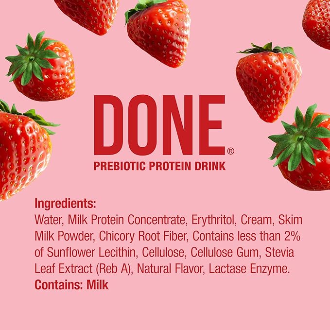 Done Prebiotic Protein Drink Strawberry 20G Whey Protein High Fiber Protein Shake With Prebiotics Gluten Free Lactose Free No Added Sugar Natural Flavor Non GMO 8.4 FL Oz Each 15 Pack