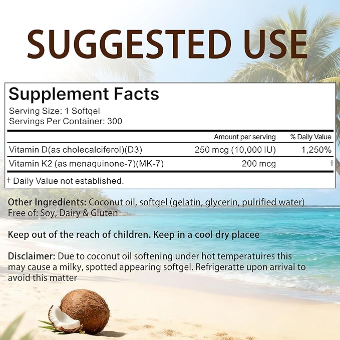 Real Good Essentials Vitamin D3 K2 Real Good D3+K2 (MK7) Coconut Oil Softgels Immune Supports Bone Support Easy to Swallow Non-GMO Gluten Free 300 Softgels