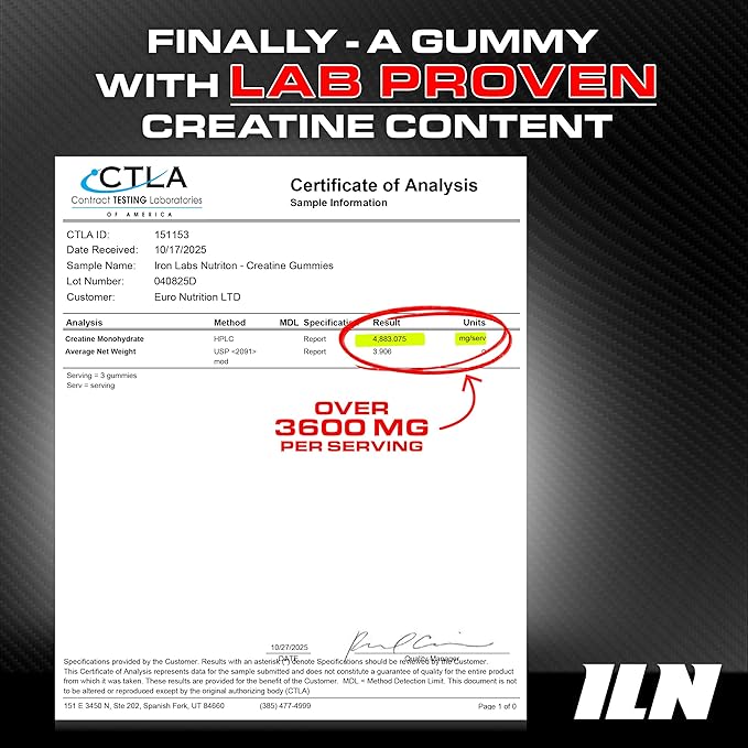 Iron Labs Nutrition Creatine Monohydrate Gummies (90 Gummy Bears) - 3600mg Per Serving - LAB Tested - Strawberry Flavor - High Strength Creatina for Men &amp Women (90 Vegan Gummys)