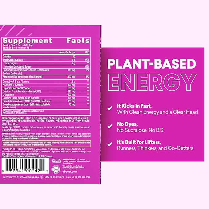 EBOOST POW Natural Pre Workout Powder - 15 Packets Berry Melon Fizz - Preworkout Energy Booster Gym Supplement Drink Mix for Men and Women - Performance Joint Mobility Support - Gluten-Free