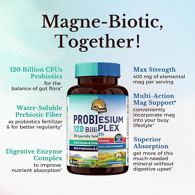 Vitalitown Probiotic + Magnesium Bundle (Pack of 2) | Probiotics 120 Billion (Item 1) &amp 6-in-1 Magnesium Complex (Item 2) | Gut Bone Muscle Sleep Health | Vegan | 30 Capsules &amp 120 Capsules