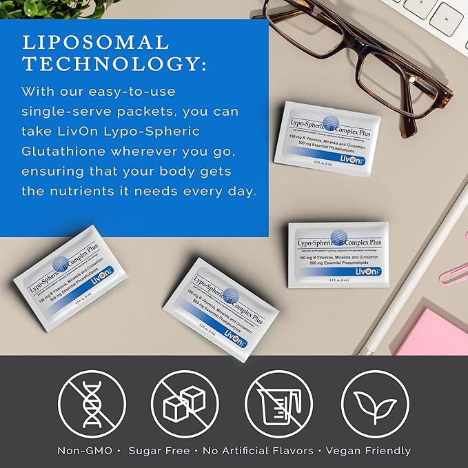 LivOn Laboratories Lypo–Spheric B Complex Plus – 30 Packets – 195 mg B Vitamins Minerals &amp Cinnamon Per Packet – Liposome Encapsulated for Improved Absorption – 100% Non–GMO