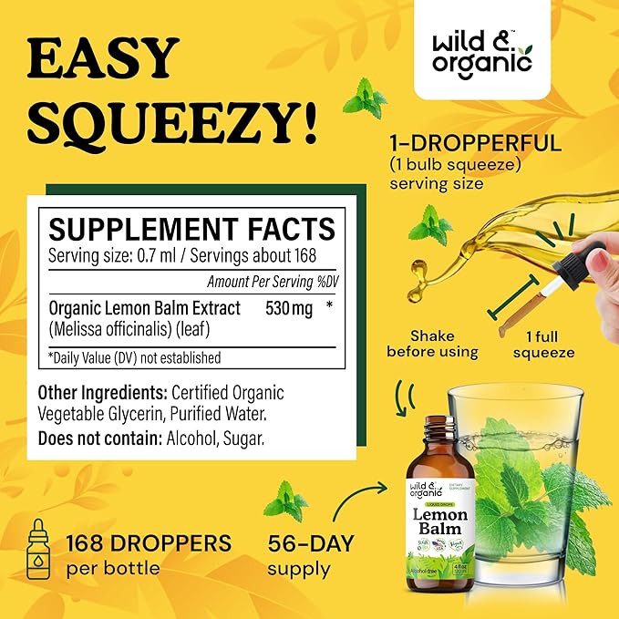Wild &amp Organic Lemon Balm Tincture - Good Mood Support - Melissa Lemon Balm Extract Drops - Add to Tea for Relaxation - Vegan Sugar &amp Alcohol-Free Leaf Supplement - 4 fl oz
