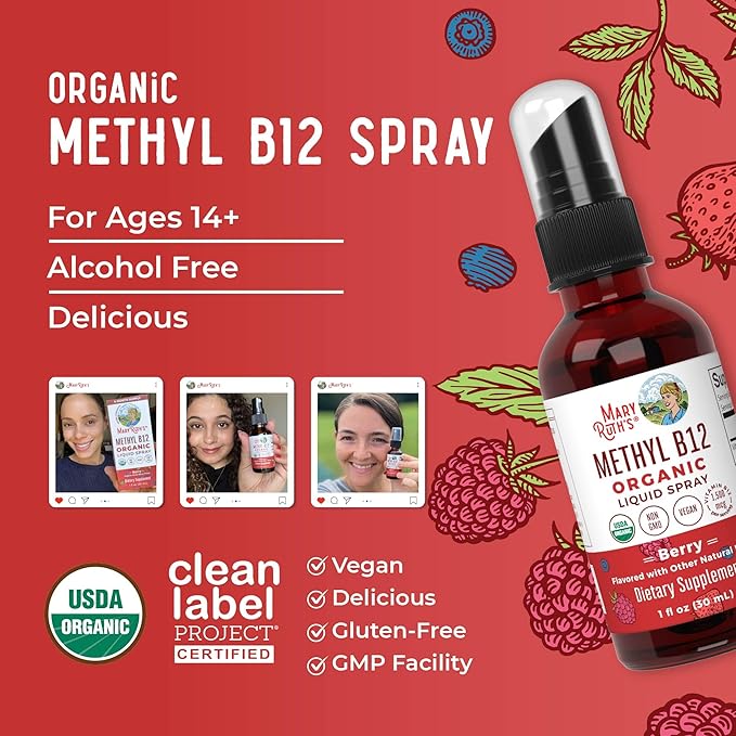 MARYRUTH'S Organic Methyl B12 Spray | 1500 mcg B12 Per Serving | Methylcobalamin | Energy Metabolism | Cognitive Function | Neuro Health | Vegan | Gluten Free | Sugar Free | 1 Fl Oz