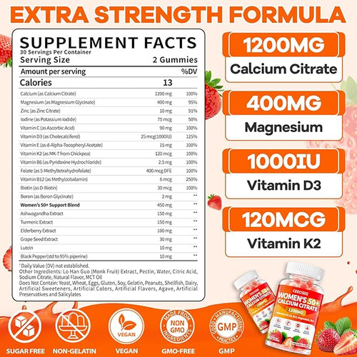 50+ Women's Calcium Citrate Gummies: Sugar Free 1200 mg Calcium Supplements for Women Plus Vitamin D3 K2 B12 B6 Magnesium Zinc - Vegan Calcium Gummy Support Immune Energy Health (60Count)