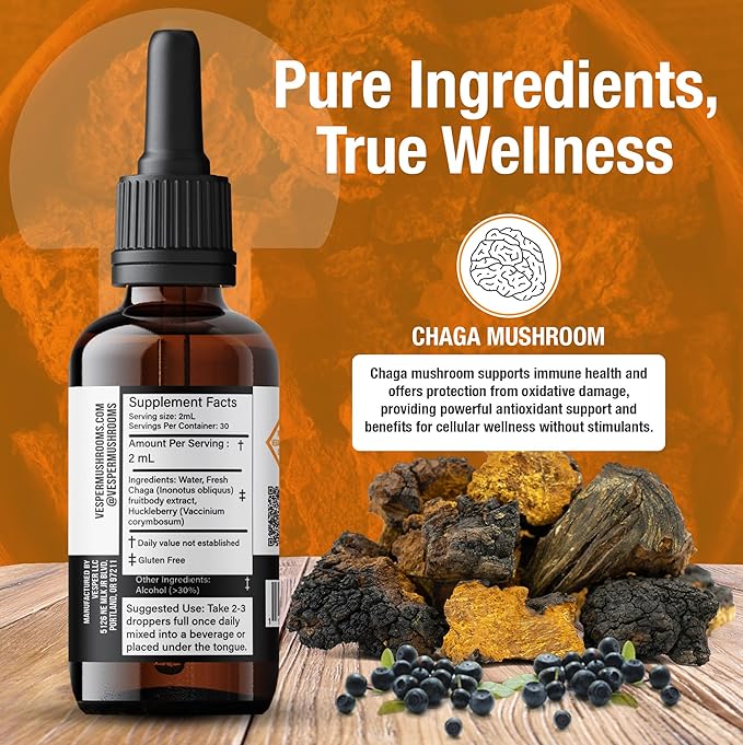 Vesper Chaga Mushroom Liquid Extract - Double Extraction with Wild Huckleberries for Antioxidant Support Immune Health USA-Grown for Vitality &amp Cellular Defense – 2oz