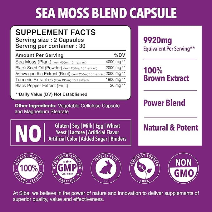 SIBA Ultra Pure Sea Moss Blend – Vegan Capsules with Sea Moss Black Seed Oil Ashwagandha Turmeric &amp Black Pepper – Supports Overall Wellness – 60 Count