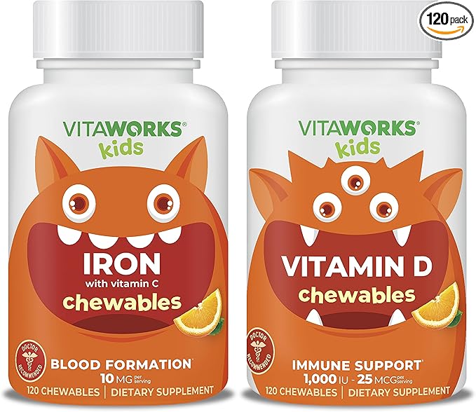 Kids Iron 10mg + Vitamin C Chewables + Vitamin D3 1000 IU Chewables Bundle