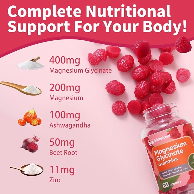 Magnesium Glycinate Gummies 400mg Sugar Free Magnesium Supplement w/Ashwagandha Zinc Vegan Magnesium Glycinate Supplement for Adults - 120 Cherry Gummies