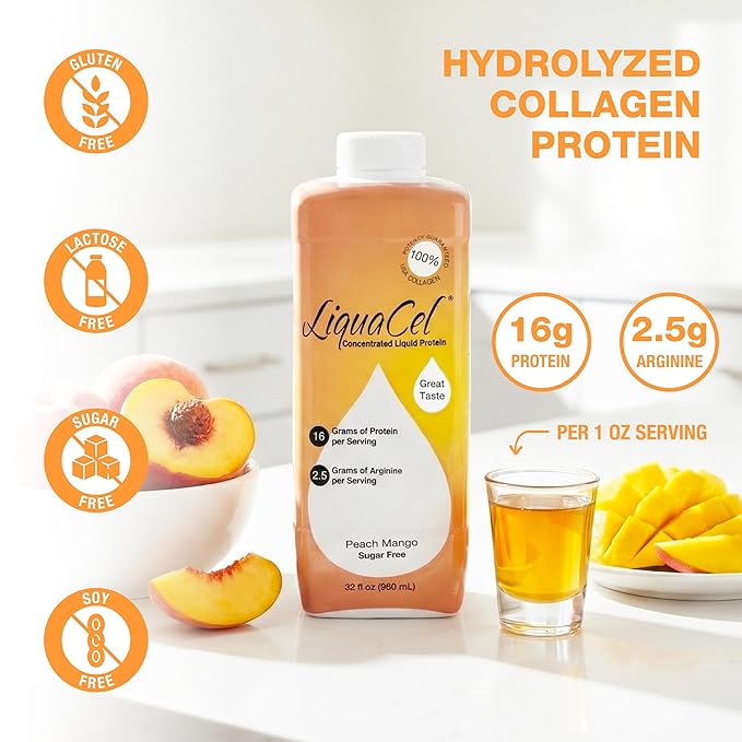 LiquaCel Concentrated Liquid Protein Peach Mango Flavor Ready-to-Drink 16g Hydrolyzed Collagen Protein and 2.5g Arginine Per 1oz Serving Sugar &amp Gluten Free 32 fl oz Bottle Case of 6