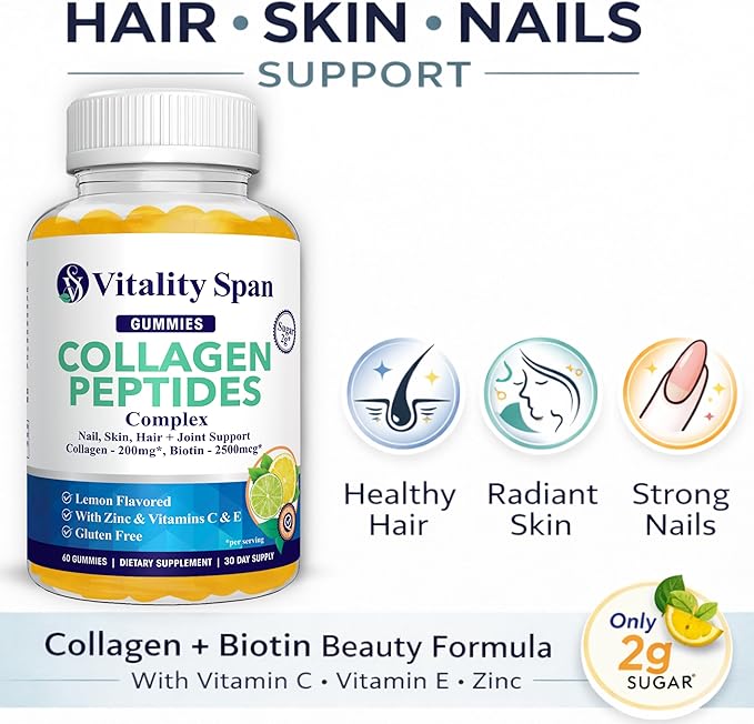 Collagen Gummies for Women with Biotin 2500mcg Vitamin C E &amp Zinc – Hair Skin and Nails Gummies – Low Sugar Lemon Flavor – Beauty Supplement – 60 Gummies