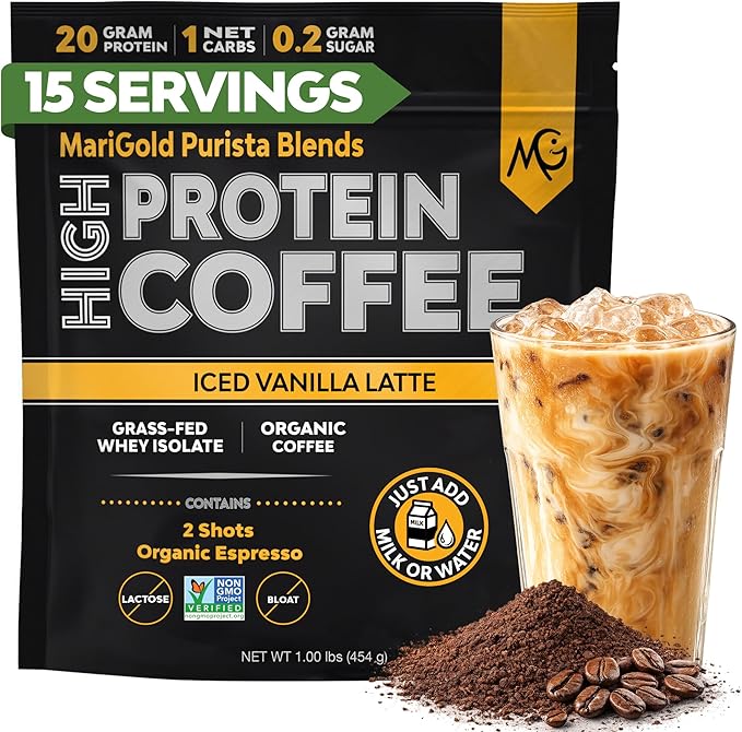 MariGold High Protein Coffee - Iced Vanilla Latte 20g Grass-Fed Whey Protein Isolate Energy &amp Workout Boost 2 Shots Organic Espresso Non-GMO 1 Net Carb 1 Lb Bag 15 Servings